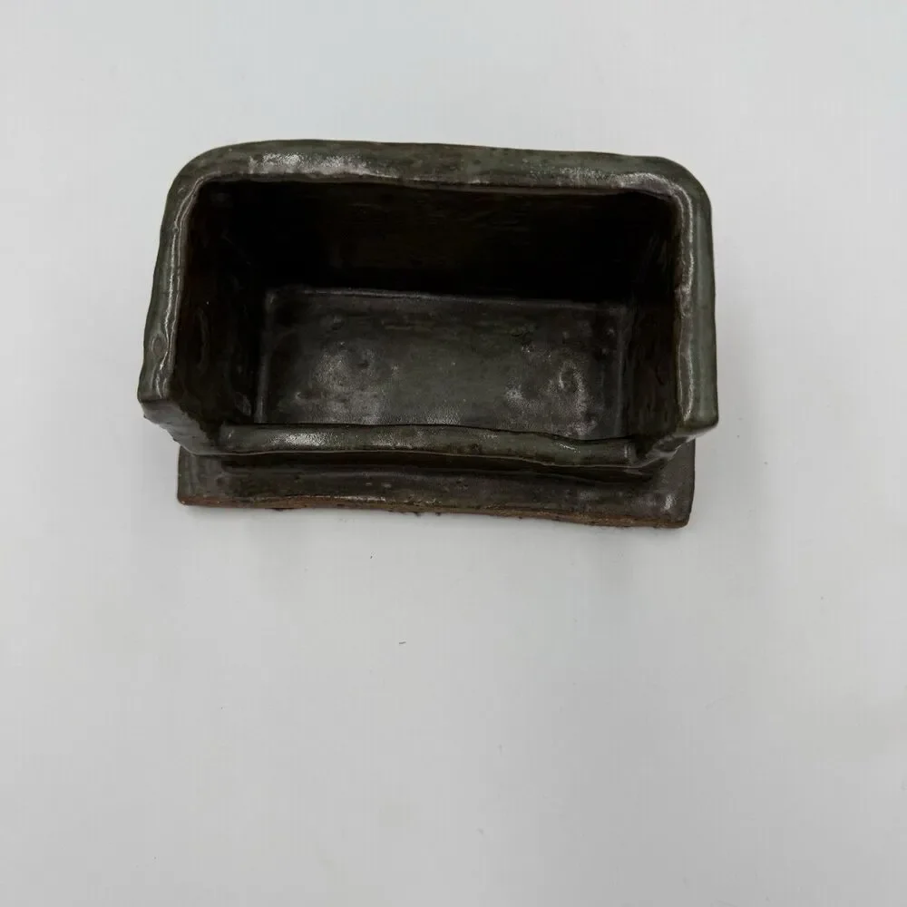 Handmade Studio Pottery Ceramic Business Card Holder Desk Organizer Green Glaze